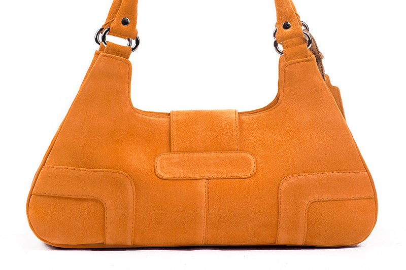 Apricot orange women's dress handbag, matching pumps and belts. Rear view - Florence KOOIJMAN